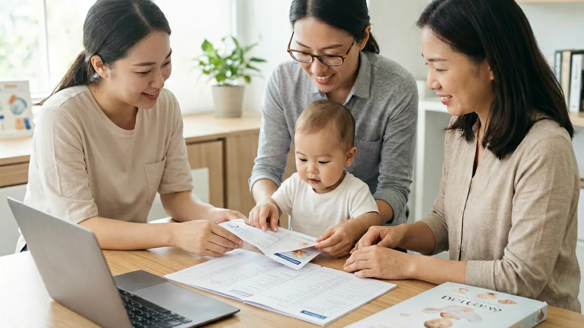 吃奶视频平台的编辑团队正在整理婴儿哺乳知识内容，桌面上摆放着哺乳记录表和参考书籍