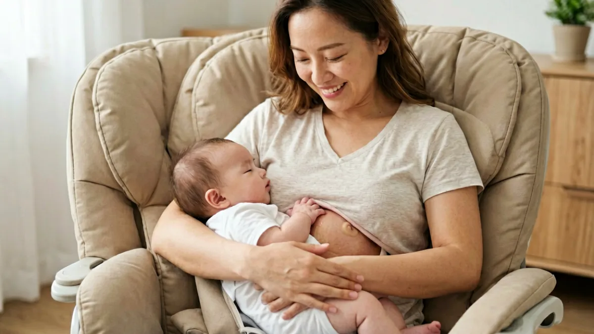 新手妈妈在安静的哺乳角为婴儿进行母乳喂养，光线柔和，场景真实自然