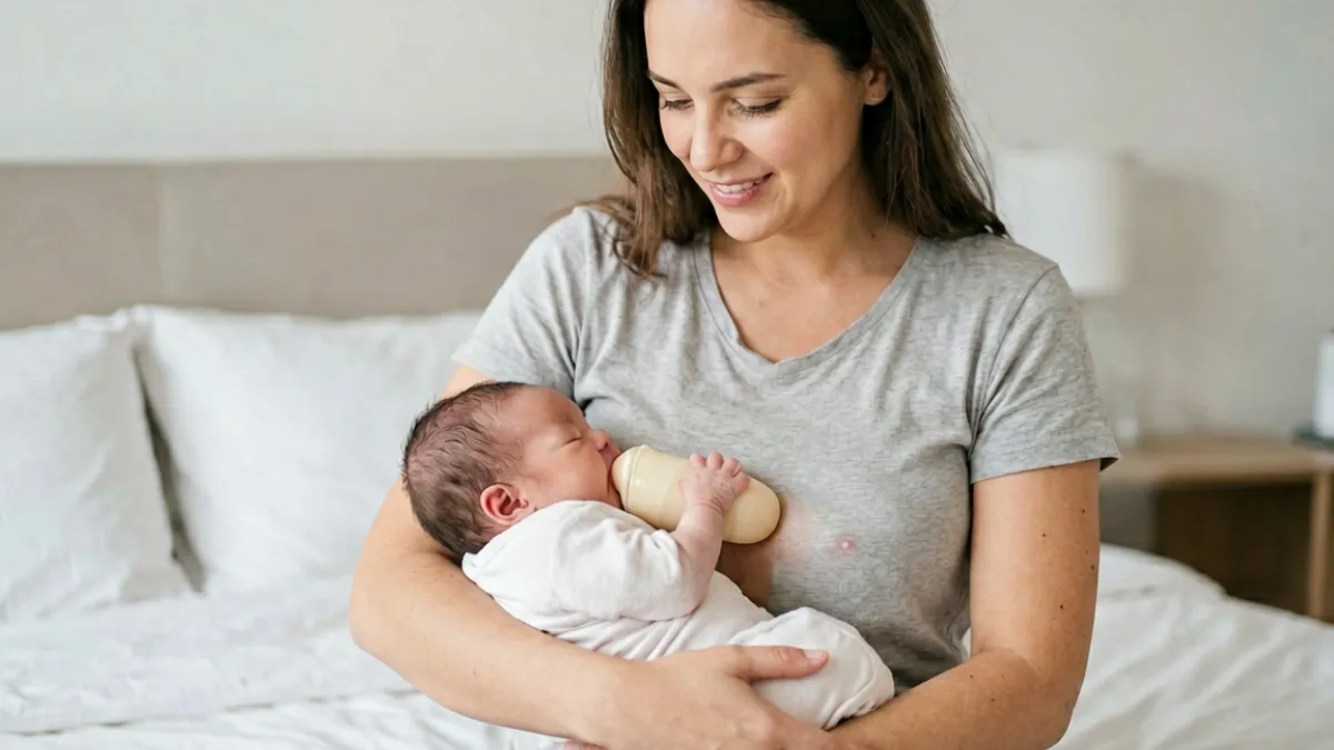 吃奶视频 - 妈妈怀抱新生儿进行母乳喂养的真实场景，宝宝正在专注吃奶，室内光线柔和温暖