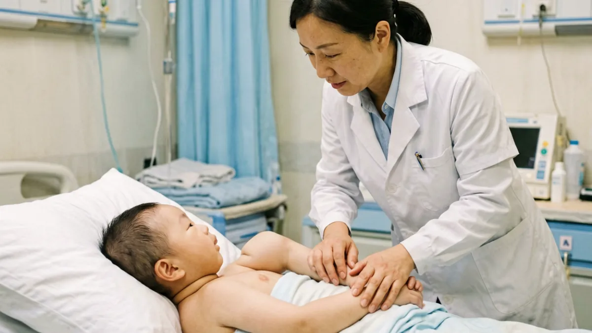 哺乳顾问正在医院产科病房中手把手指导新妈妈调整宝宝含乳深度与头部支撑角度