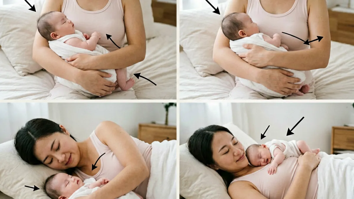 四种哺乳姿势对比示意图，展示摇篮抱、橄榄球抱、侧卧哺乳和半躺式的宝宝与妈妈身体位置关系
