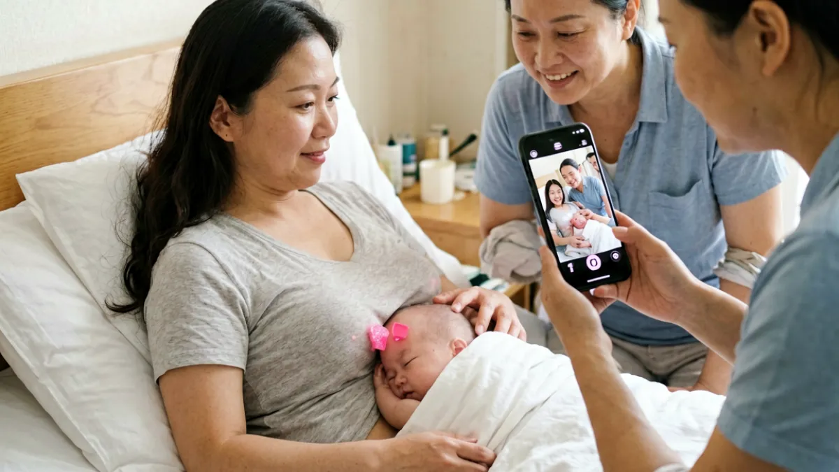 妈妈用手机录制哺乳侧面视角，准备与标准吃奶视频对比自我检查含乳姿势