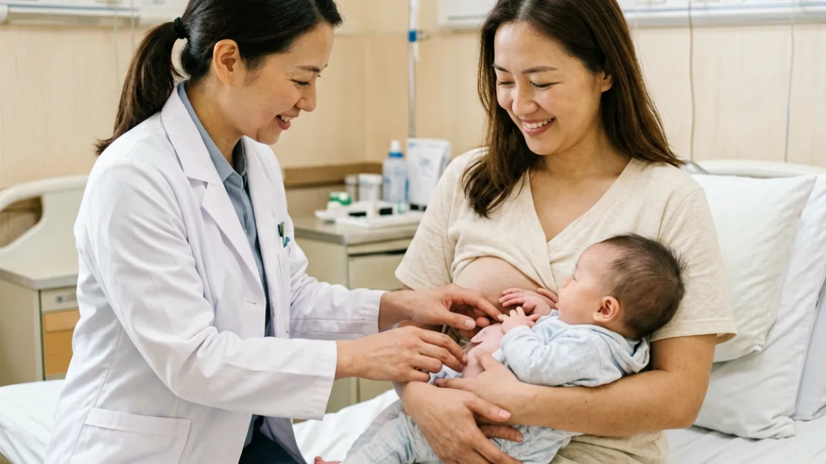 哺乳顾问正在指导新手妈妈调整抱姿和含乳角度，帮助解决吃奶视频中无法传达的个性化哺乳问题