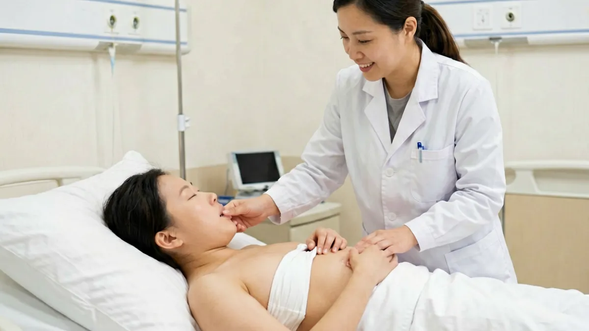 哺乳顾问在产后病房为新手妈妈演示正确的侧躺喂奶姿势，全程同步讲解吃奶视频要点