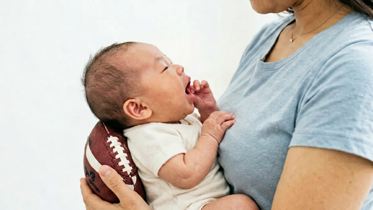 妈妈用橄榄球抱姿哺乳宝宝，宝宝嘴巴大张正确含住乳晕的近景示意