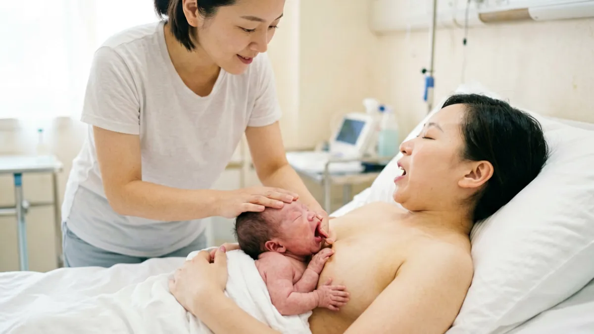 哺乳顾问在产房示范新生儿正确含乳的吃奶视频画面，妈妈侧躺、宝宝嘴巴大张