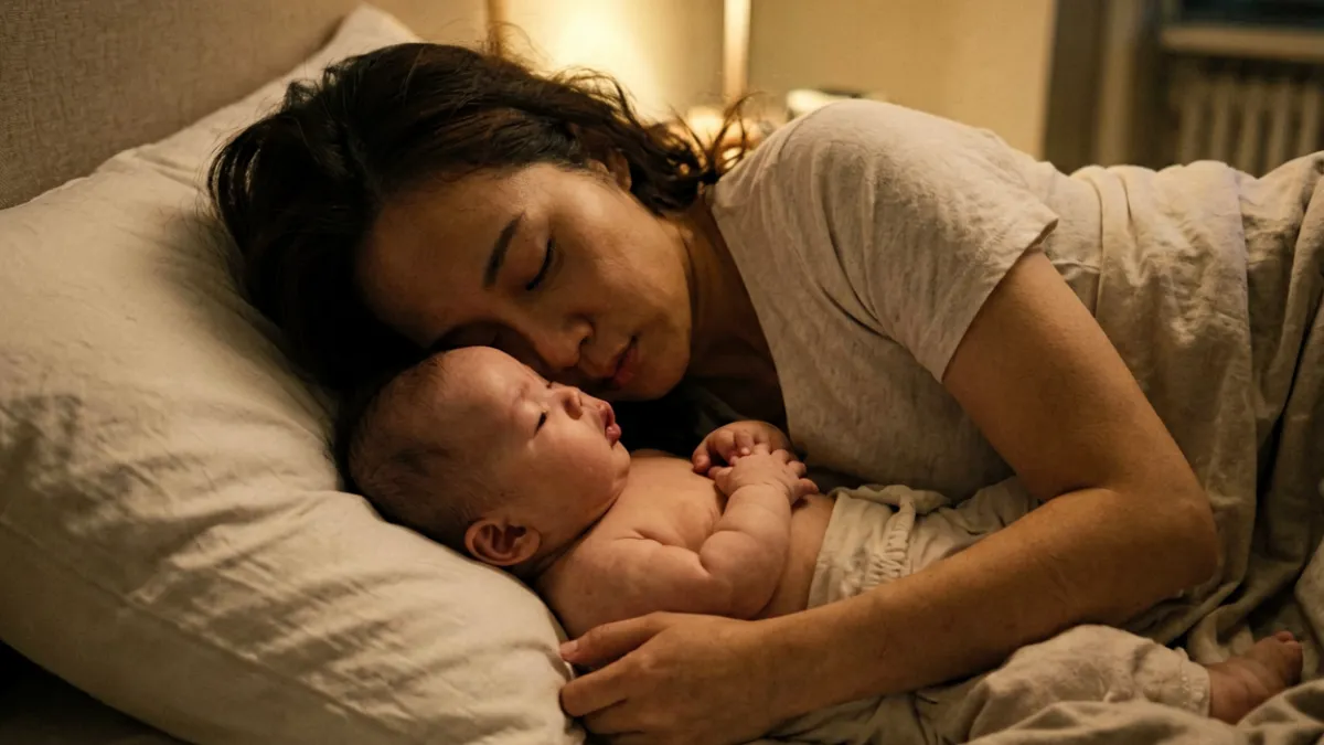 妈妈侧躺哺乳，宝宝与母亲面对面侧卧，演示夜间喂奶省力姿势的吃奶视频场景